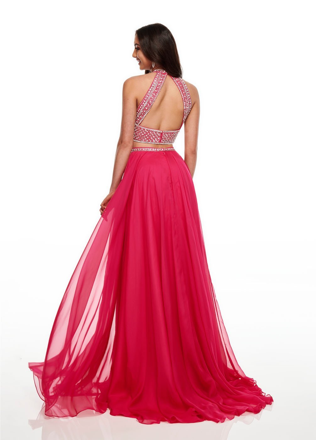 Rachel Allan 7034 dress images in these colors: Aqua, Fuchsia, Yellow.