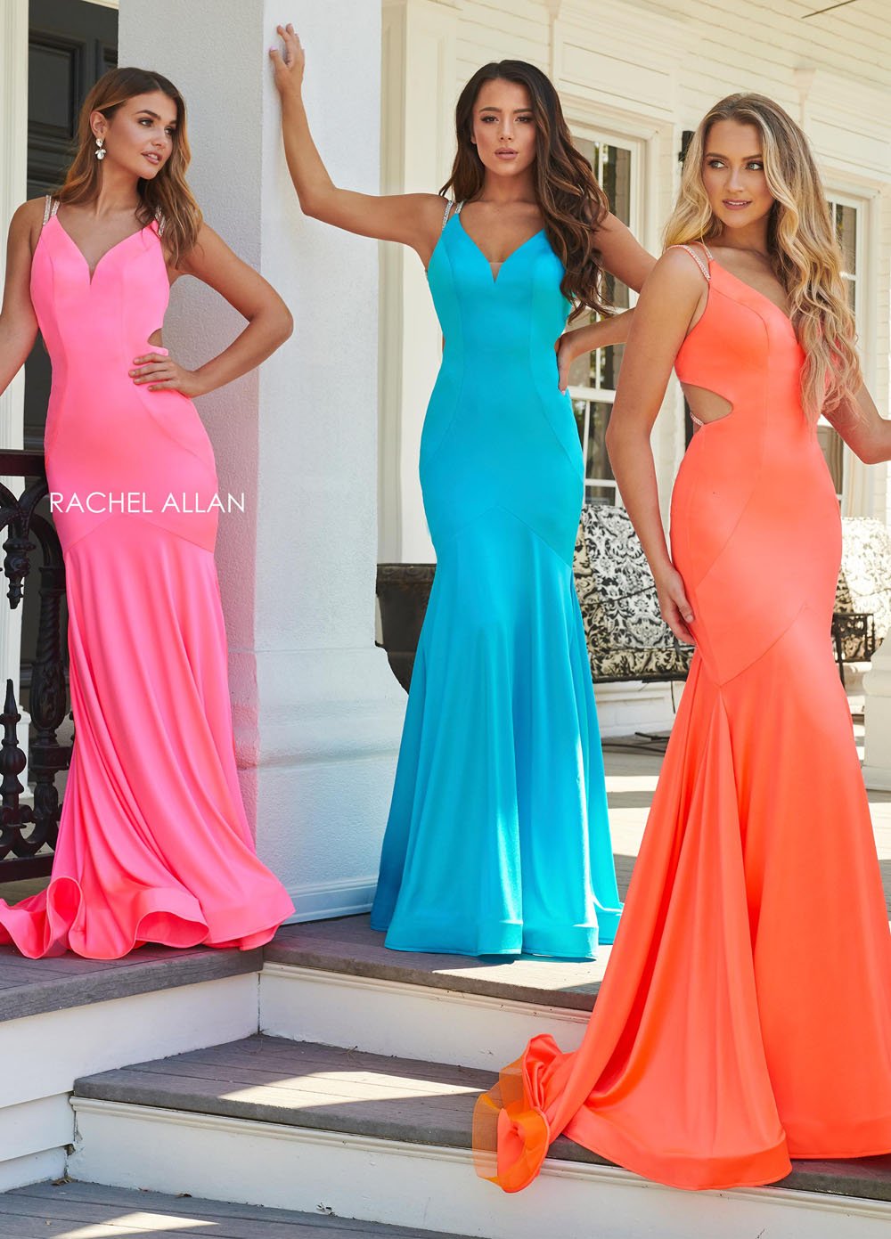 Rachel Allan 7042 dress images in these colors: Flamingo, Hot Coral, Lilac, Turquoise.