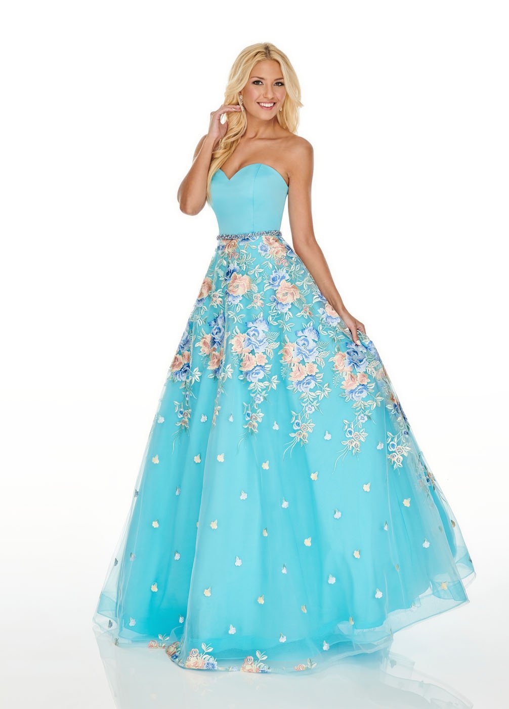 Rachel Allan 7063 dress images in these colors: Aqua Multi, Navy Multi, Pink Multi.