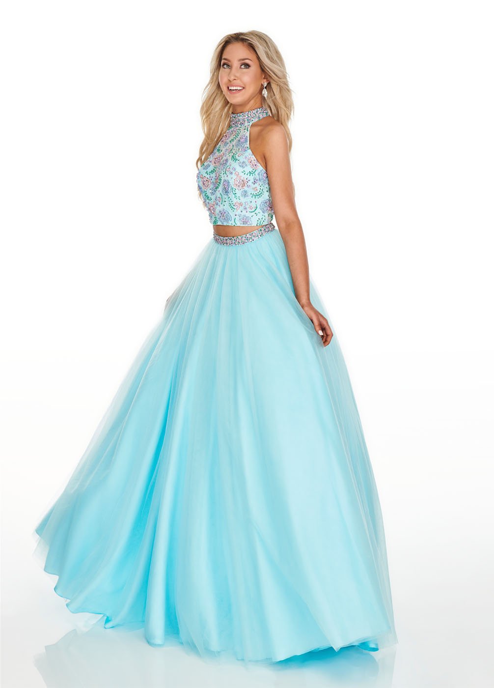 Rachel Allan 7066 dress images in these colors: Aqua Blue Multi, Navy Multi, Nude Multi.