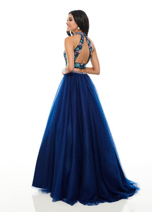 Rachel Allan 7066 dress images in these colors: Aqua Blue Multi, Navy Multi, Nude Multi.