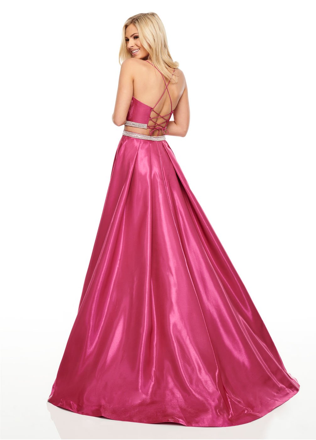 Rachel Allan 7106 dress images in these colors: Magenta, Navy, Red.