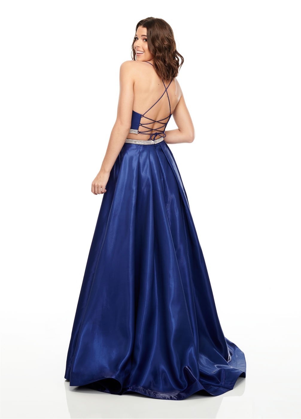 Rachel Allan 7106 dress images in these colors: Magenta, Navy, Red.