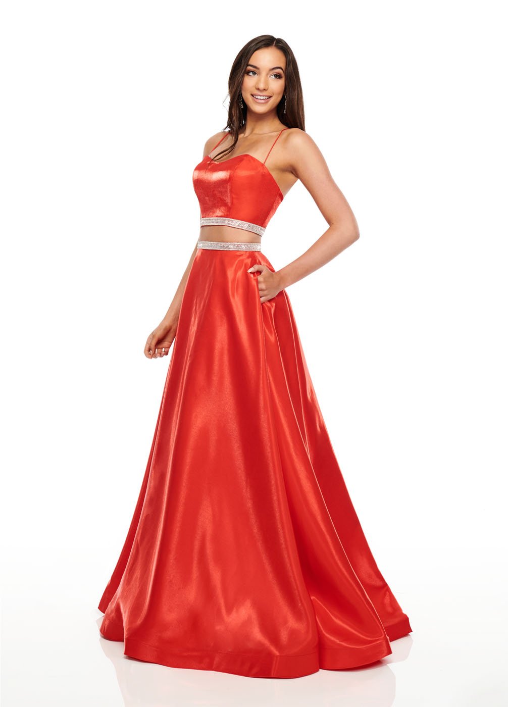 Rachel Allan 7106 dress images in these colors: Magenta, Navy, Red.