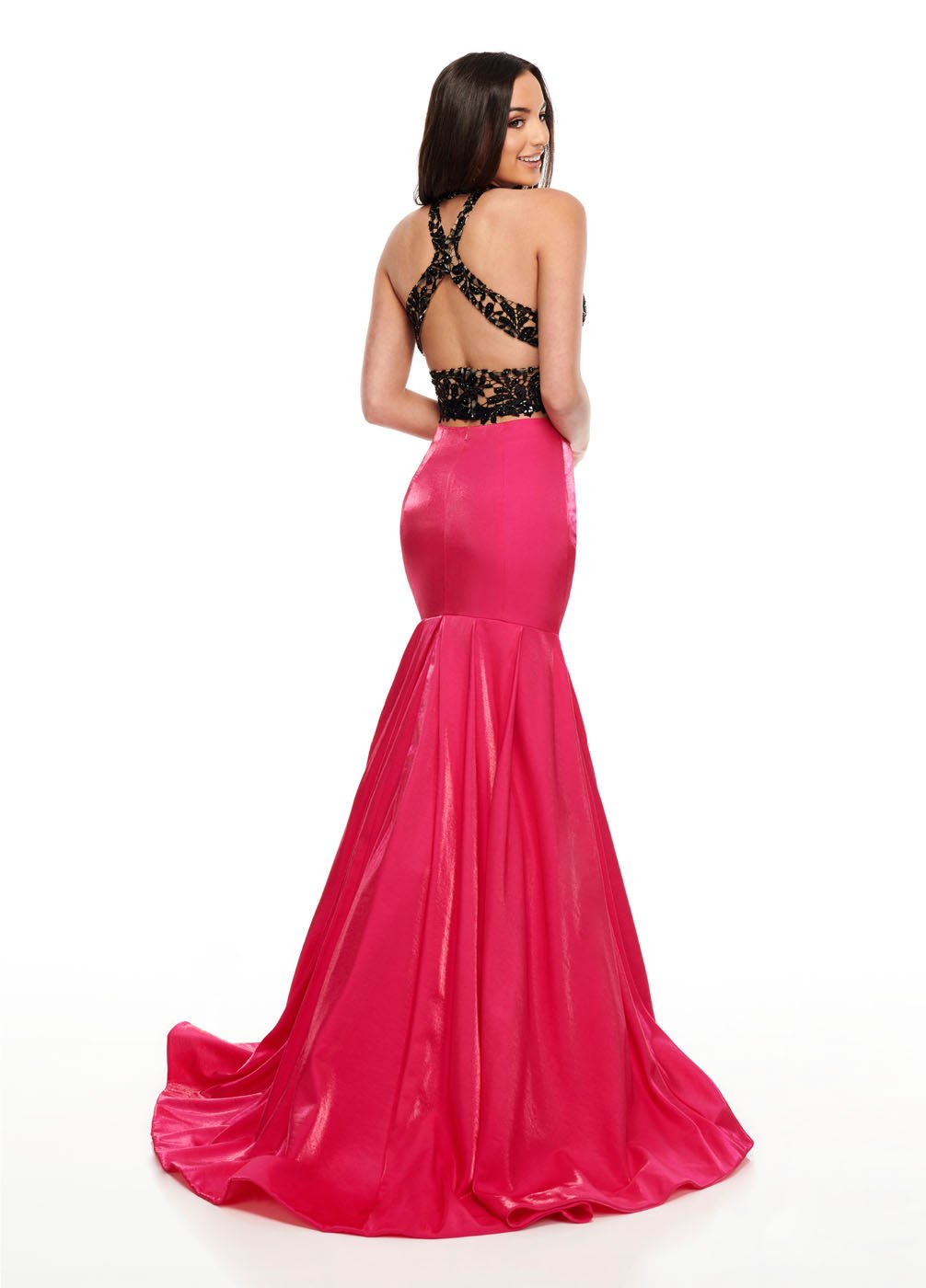 Rachel Allan 7151 dress images in these colors: Black Fuchsia, Black White, Red.
