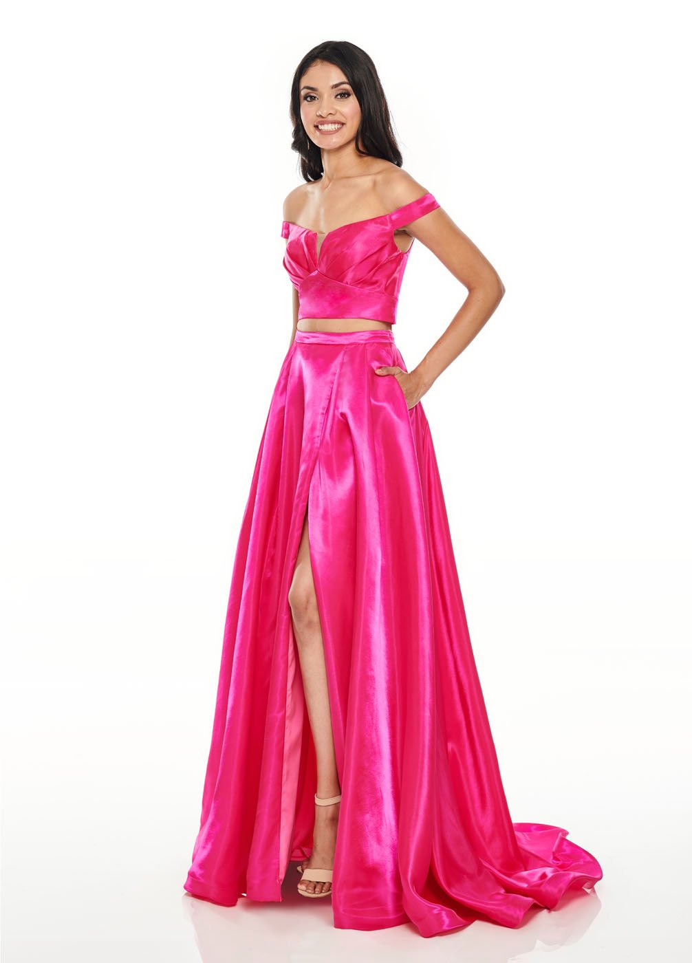 Rachel Allan 7185 dress images in these colors: Fuchsia, Red, Royal, Yellow.