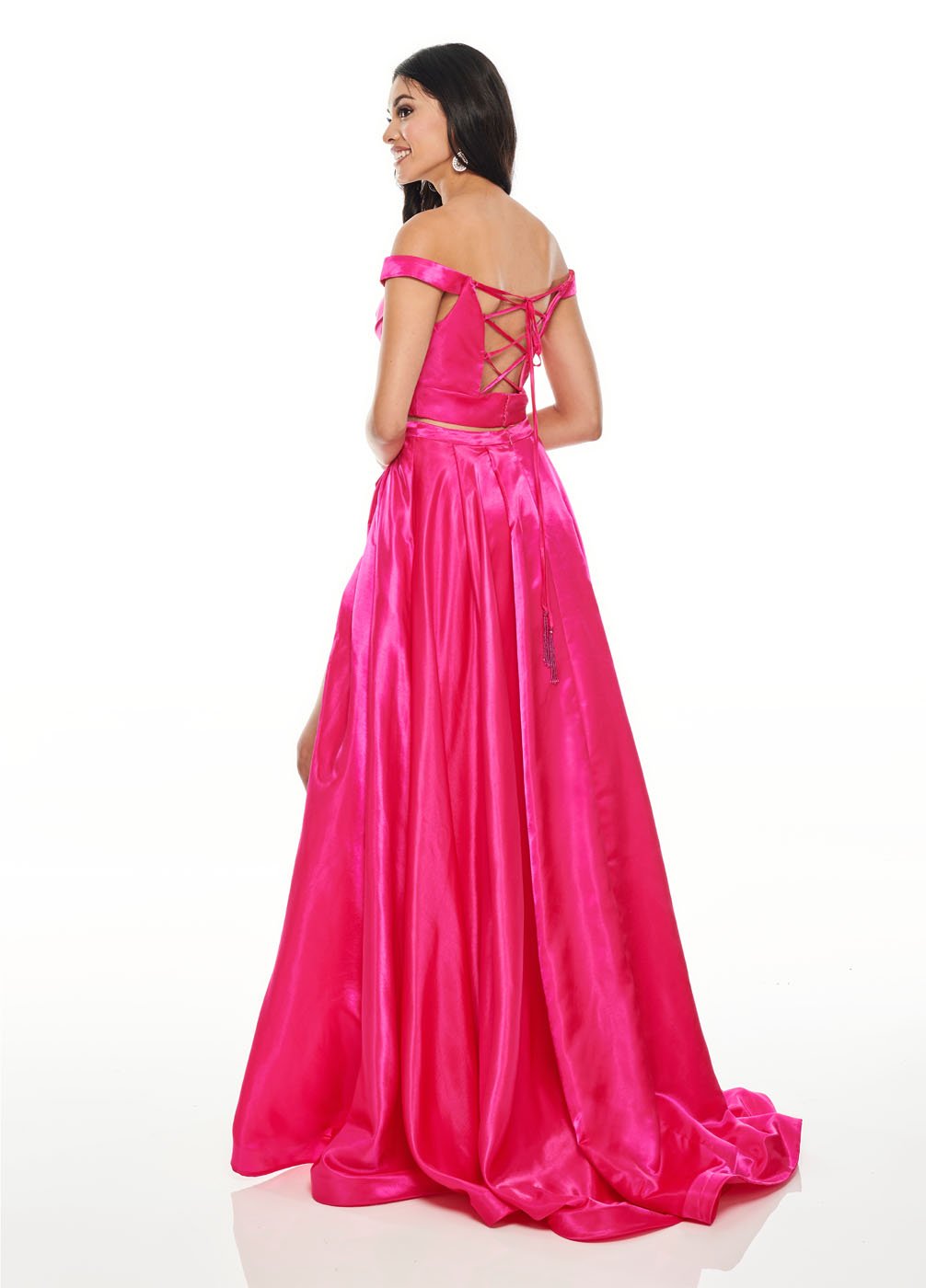 Rachel Allan 7185 dress images in these colors: Fuchsia, Red, Royal, Yellow.