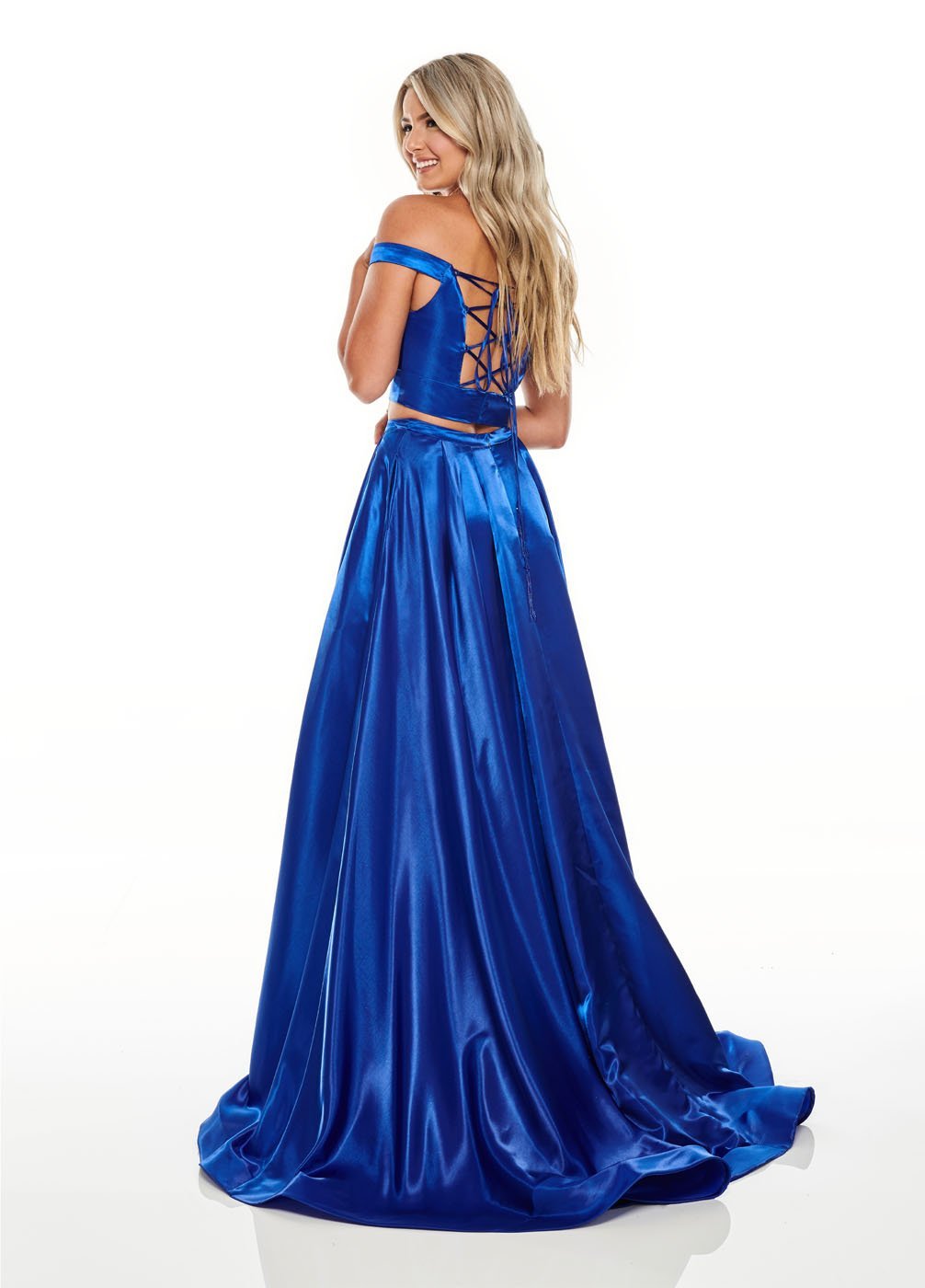 Rachel Allan 7185 dress images in these colors: Fuchsia, Red, Royal, Yellow.