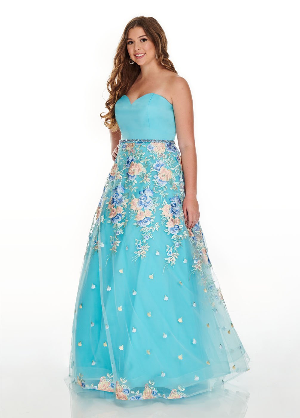 Rachel Allan 7219 dress images in these colors: Aqua Multi, Navy Multi, Pink Multi.