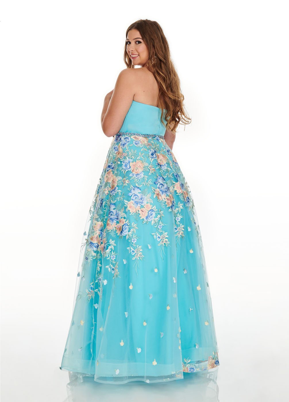 Rachel Allan 7219 dress images in these colors: Aqua Multi, Navy Multi, Pink Multi.