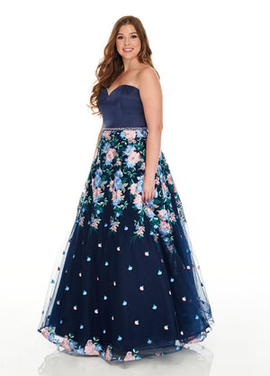 Rachel Allan 7219 dress images in these colors: Aqua Multi, Navy Multi, Pink Multi.