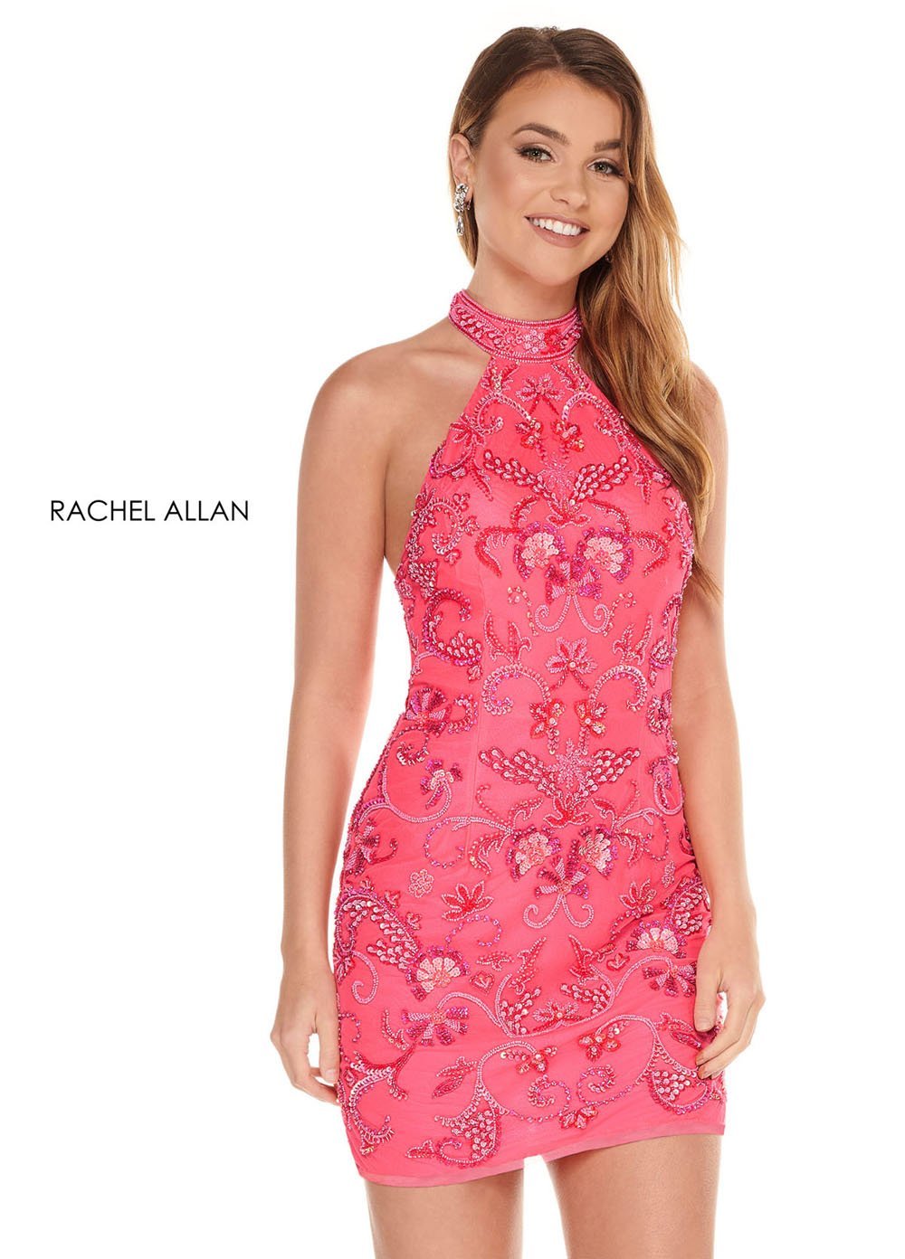 Rachel Allan 40022 dress images in these colors: Neon Pink Coral, Neon Green, Neon Orange, Neon Yellow.
