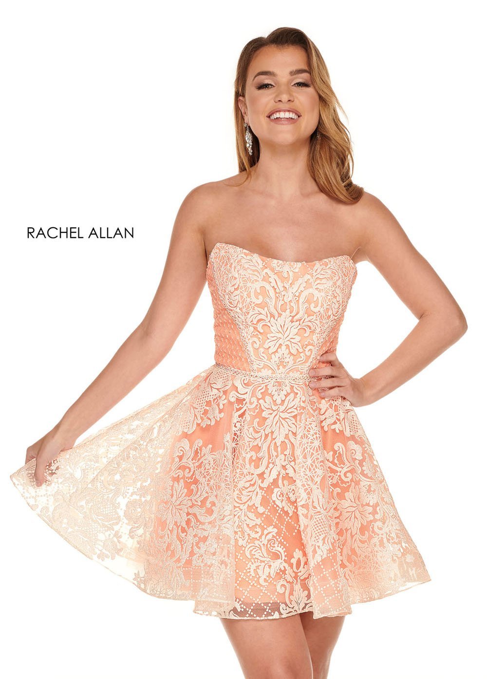 Rachel Allan 40062 dress images in these colors: White Soft Coral,White Ocean Blue.