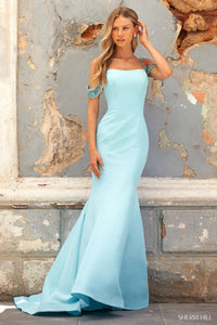 Sherri Hill 54787 dress images in these colors: Ivory Multi, Black Multi, Candy Pink, Light Blue, Royal, Aqua.