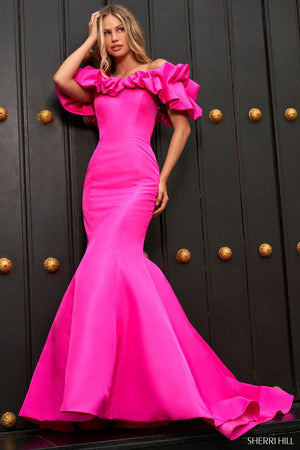 Sherri Hill 54807 dress images in these colors: Bright Pink, Black, Red, Ivory.
