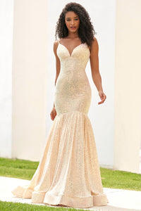 Sherri Hill 54846 champagne prom dresses image.