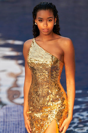 Sherri Hill 54987 gold prom dresses image.