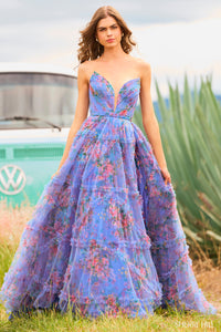 Sherri Hill 55620 prom dress images.  Sherri Hill 55620 is available in these colors: Periwinkle Print, Bright Pink Print.