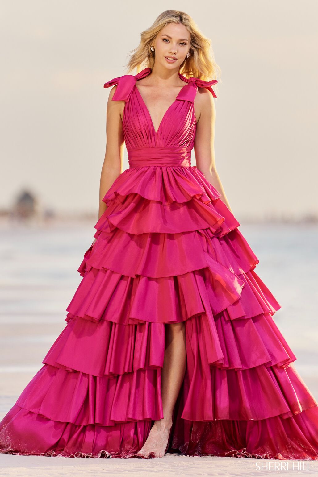 Sherri Hill 56035 prom dress images. Sherri Hill 56035 is available in these colors: Black, Red, Fuchsia, Bright Pink, Teal, Bright Yellow, Ivory.