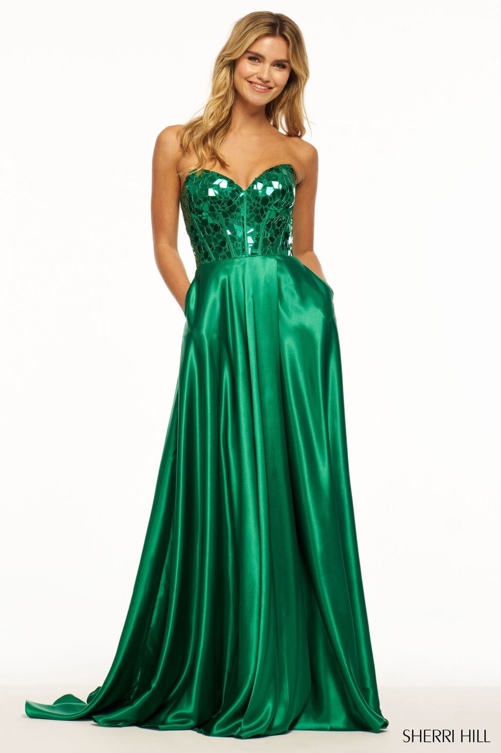 Sherri Hill 56041 prom dress images.  Sherri Hill 56041 is available in these colors: Emerald, Royal, Gold, Red, Black.