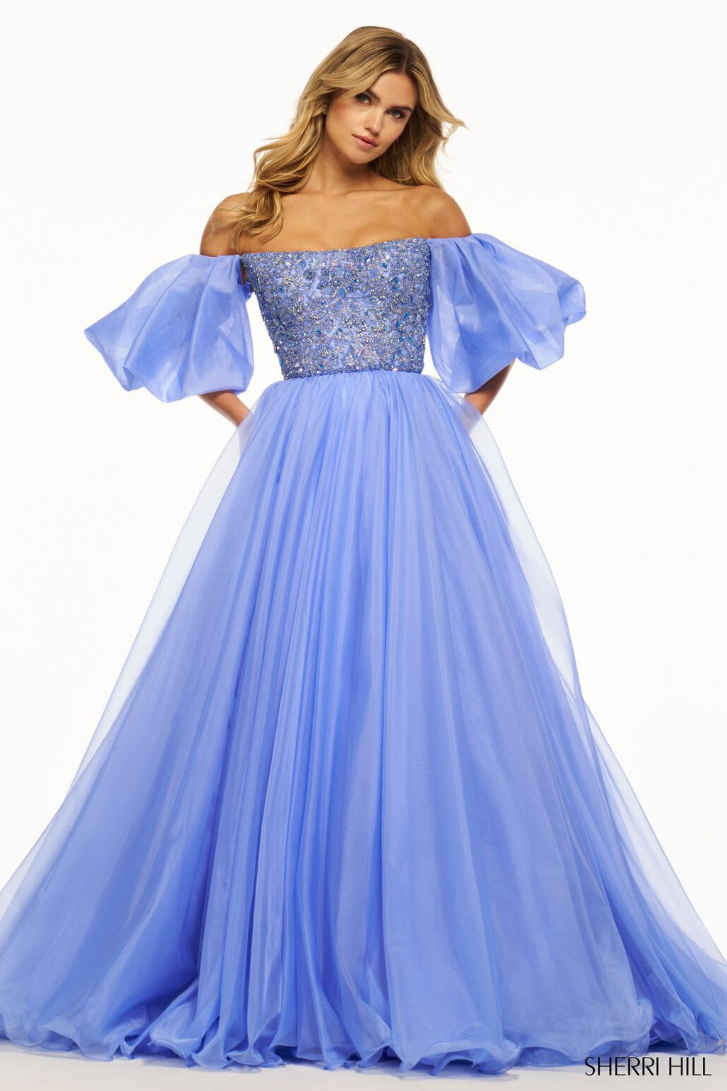 Sherri Hill 56052 prom dress images.  Sherri Hill 56052 is available in these colors: Periwinkle, Light Blue, Lilac, Bright Fuchsia, Red.