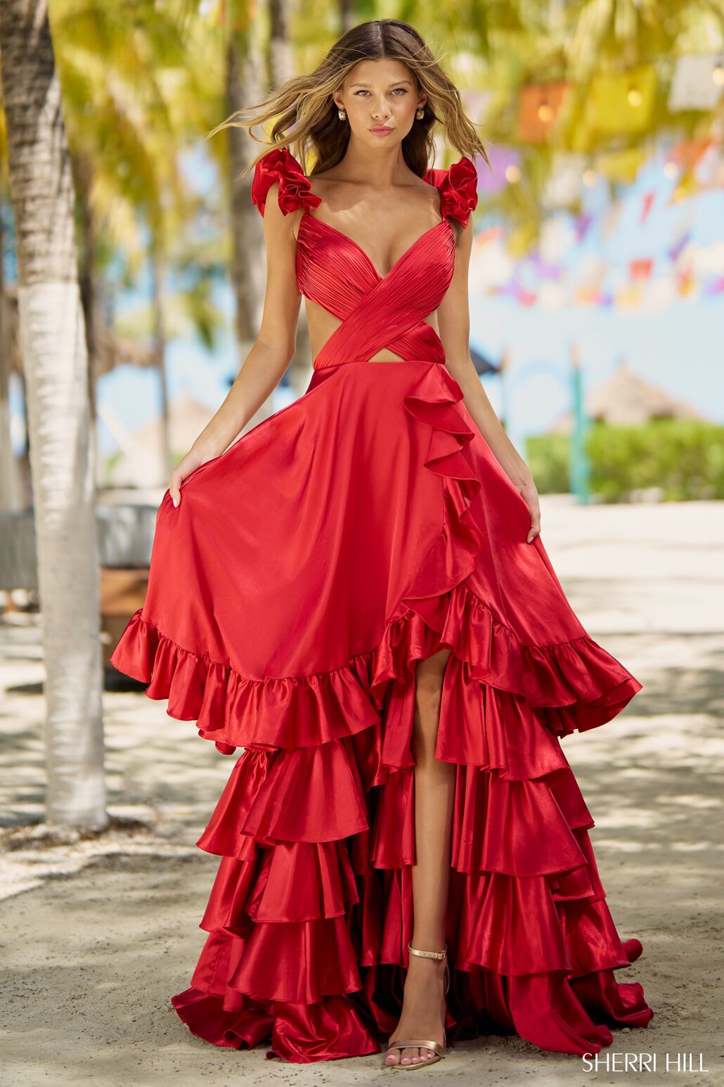 Sherri Hill 56057 prom dress images.  Sherri Hill 56057 is available in these colors: Red, Gold, Black, Royal, Emerald, Bright Pink, Burnt Orange, Ocean Blue, Magenta, Rose, Yellow.