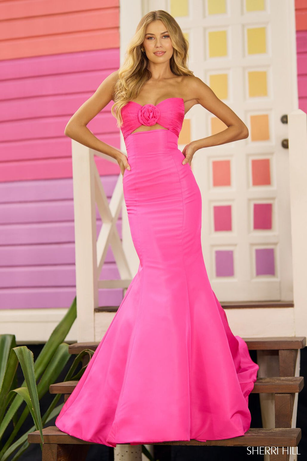 Sherri Hill 56058 prom dress images.  Sherri Hill 56058 is available in these colors: Bright Pink, Black, Red, Yellow, Ivory Black, Ivory Ivory.