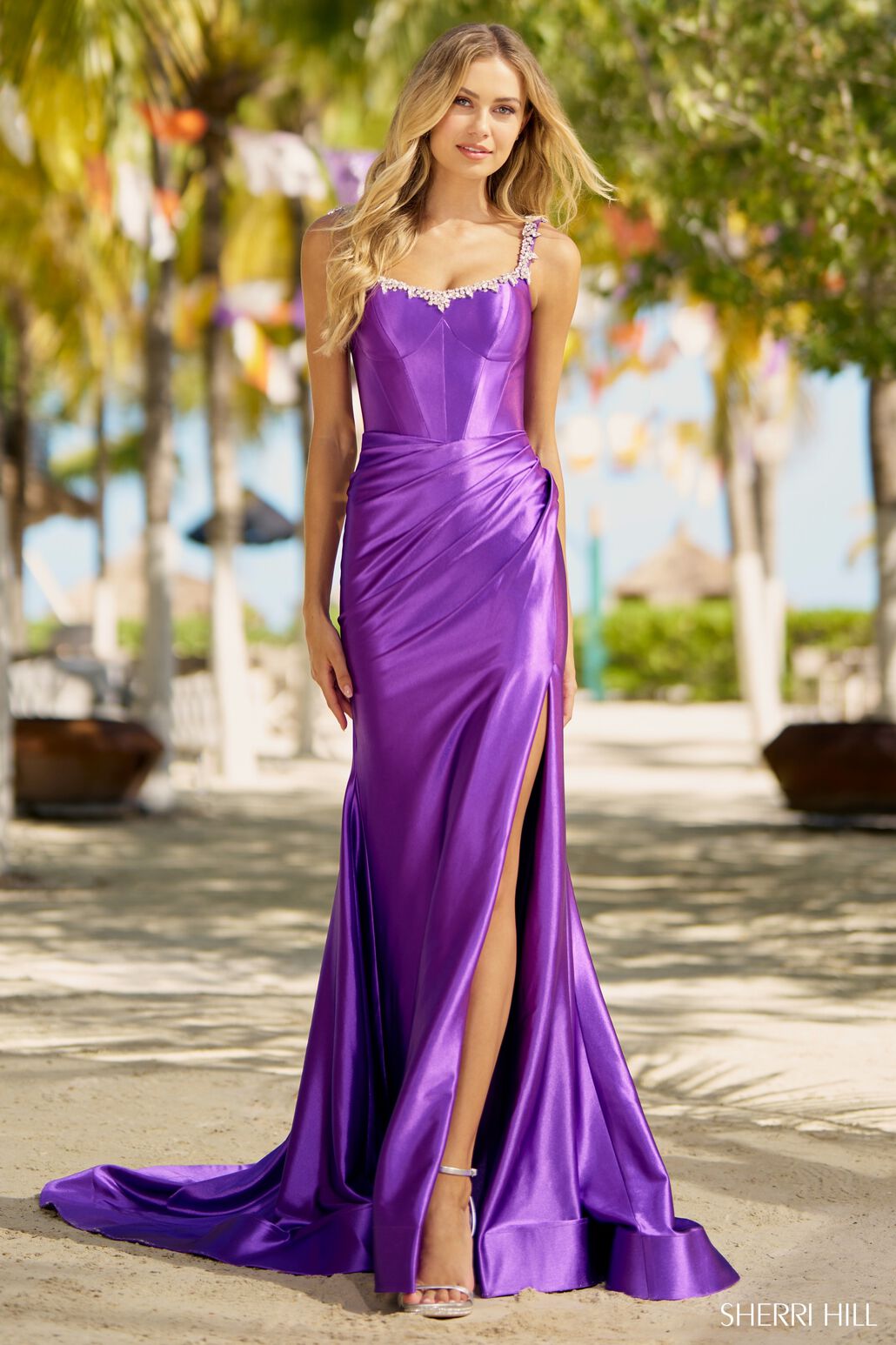 Sherri Hill 56059 prom dress images.  Sherri Hill 56059 is available in these colors: Red, Peacock, Silver, Gold, Candy Pink, Black, Royal, Emerald, Magenta, Purple.