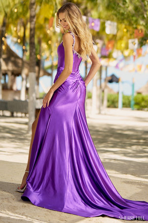 Sherri Hill 56059 prom dress images.  Sherri Hill 56059 is available in these colors: Red, Peacock, Silver, Gold, Candy Pink, Black, Royal, Emerald, Magenta, Purple.