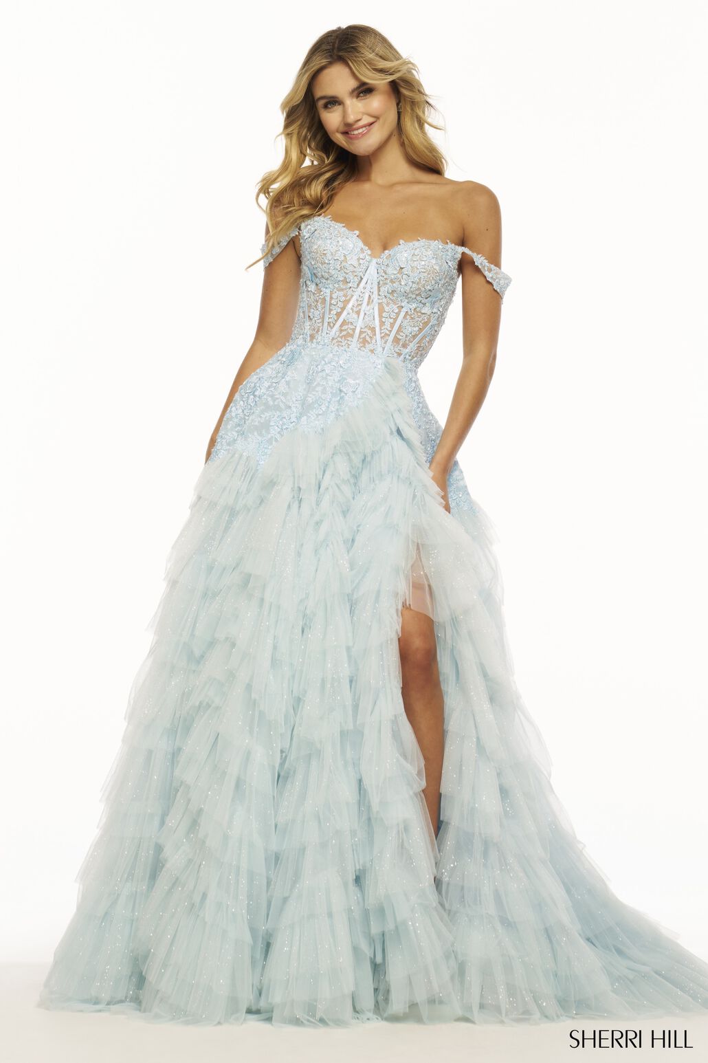 sherri hill blue and white dress 55500 Alexandra's Boutique Ivory Nude Sherri Hill Blue and White