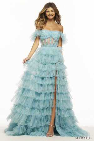 Sherri Hill 56074 prom dress images.  Sherri Hill 56074 is available in these colors: Aqua Print, Light Pink Print.