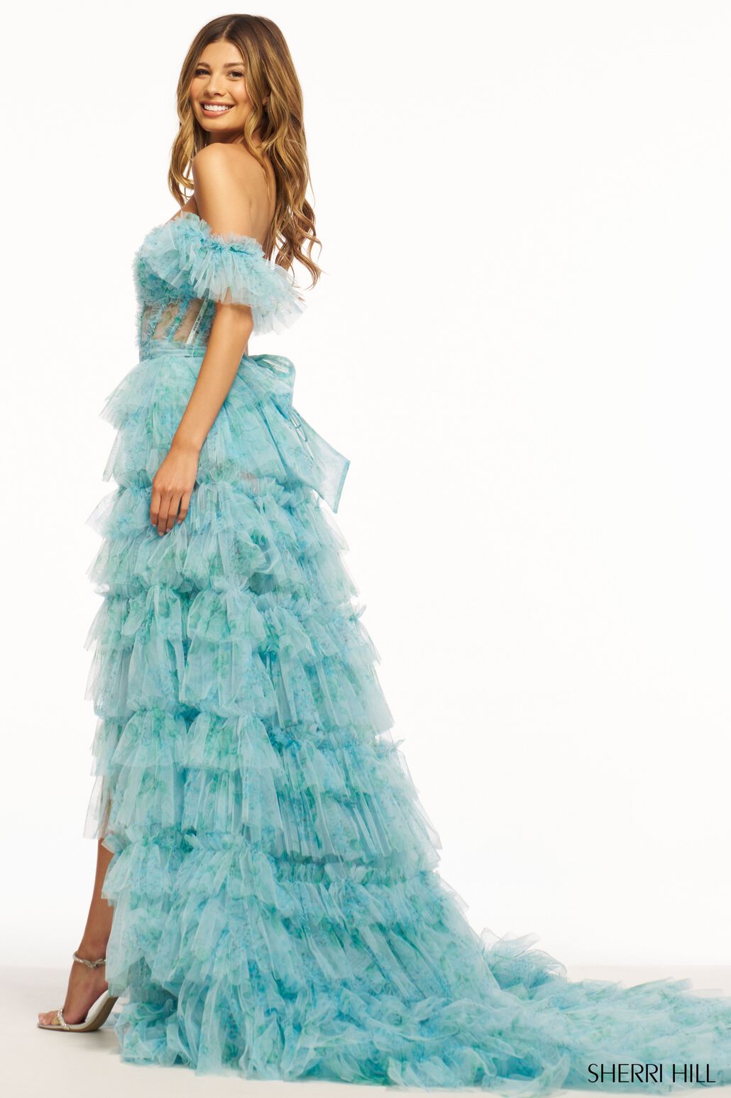 Sherri Hill 56074 prom dress images.  Sherri Hill 56074 is available in these colors: Aqua Print, Light Pink Print.