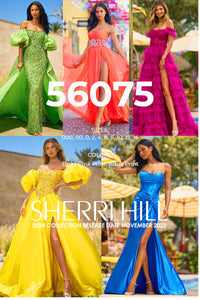 Sherri Hill 56075 prom dress images.  Sherri Hill 56075 is available in these colors: Light Pink Print, Aqua Print.