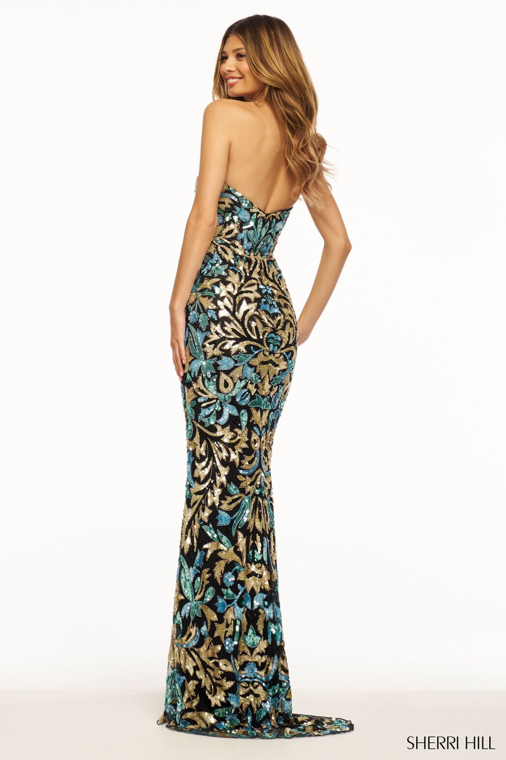 Sherri Hill 56080 prom dress images.  Sherri Hill 56080 is available in these colors: Black Gold Light Blue.