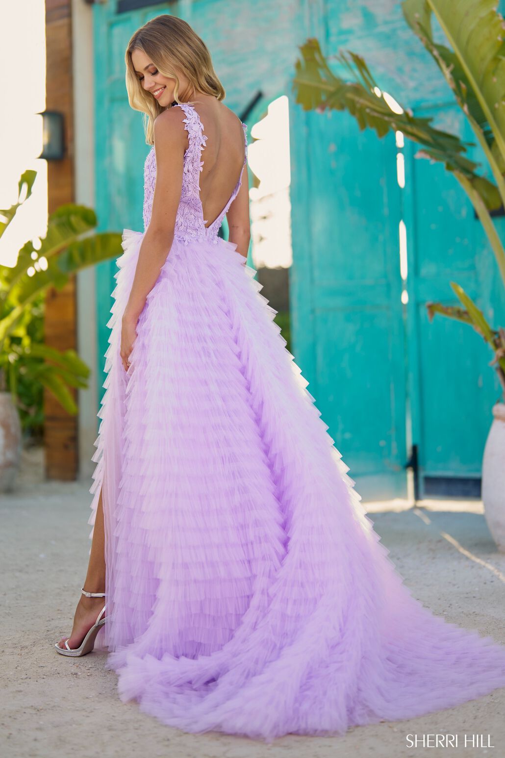 Sherri Hill 56086 prom dress images.  Sherri Hill 56086 is available in these colors: Bright Pink, Light Blue, Yellow, Ivory, Lilac, Red, Black.