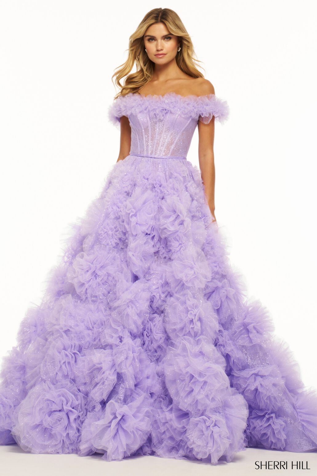 Sherri Hill 56095 prom dress images.  Sherri Hill 56095 is available in these colors: Purple, Pink, Black, Ivory, Blue, Red, Champagne, Bright Pink.