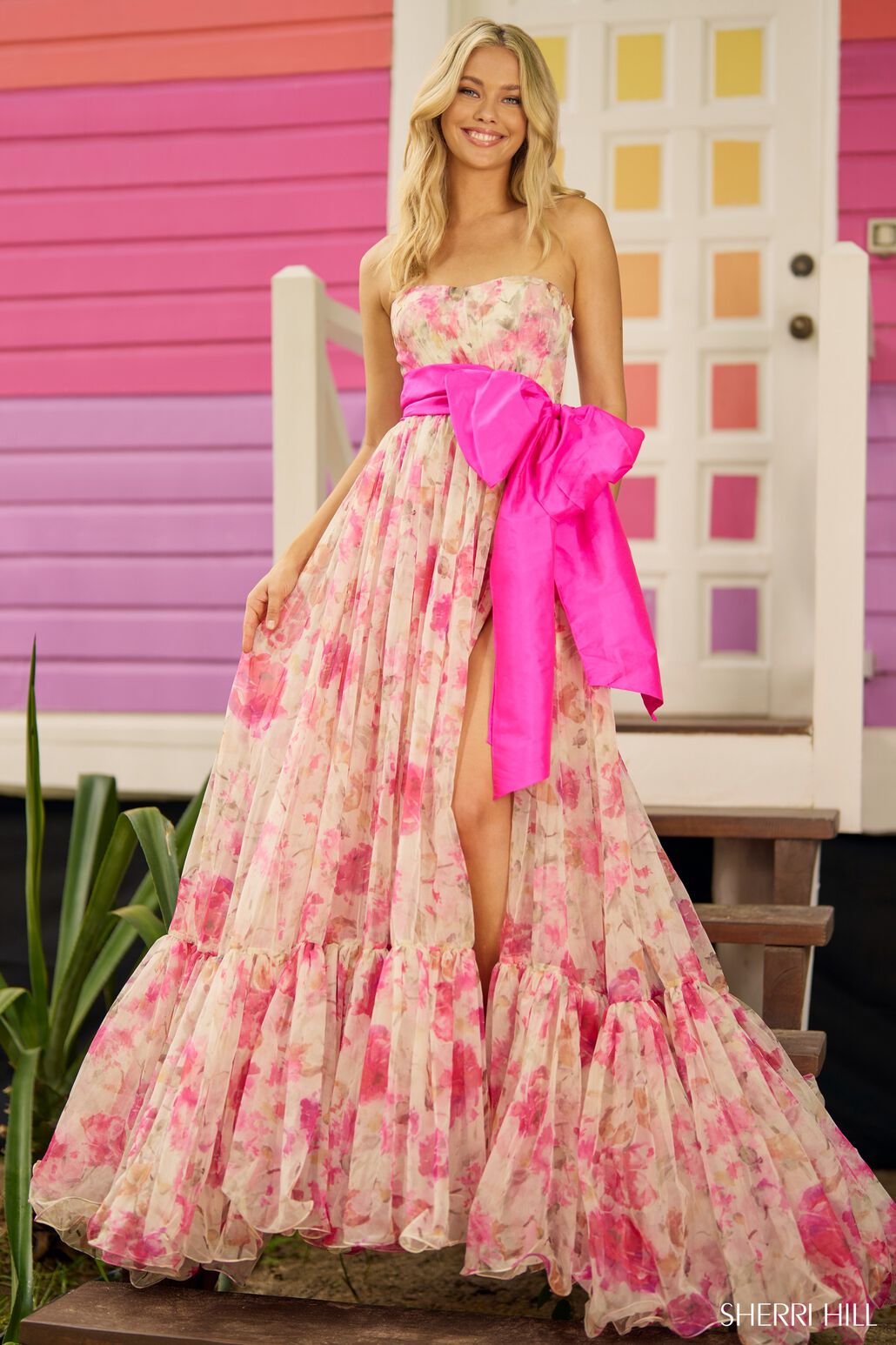pink and yellow prom dress Leely Women Yellow and Pink Floral Long Corset Prom Dress Strapless A Line Pageant Dress with Slit