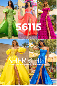 Sherri Hill 56115 prom dress images.  Sherri Hill 56115 is available in these colors: Ivory Purple Print, Ivory Blue Print.