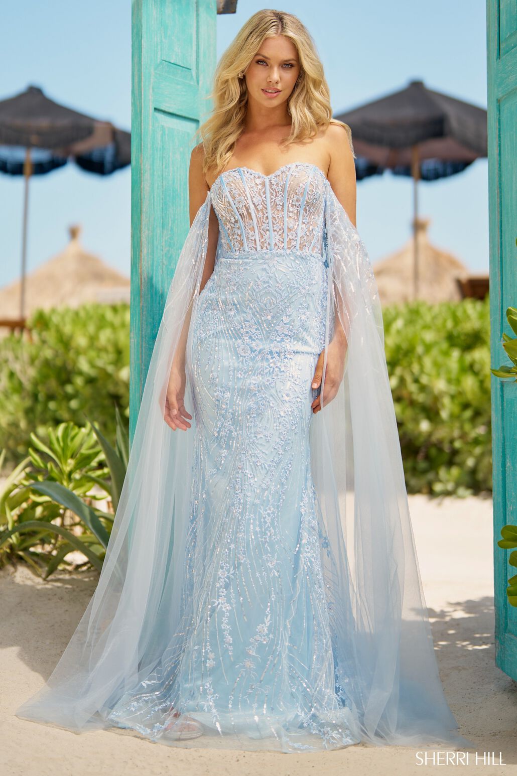 Sherri Hill 56155 prom dress images.  Sherri Hill 56155 is available in these colors: Blush, Light Blue, Ivory.