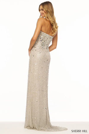Sherri Hill 56175 prom dress images. Sherri Hill 56175 is available in these colors: Black Silver, Silver Silver, Nude Silver, Ivory Silver, Light Blue Silver, Blush Silver.