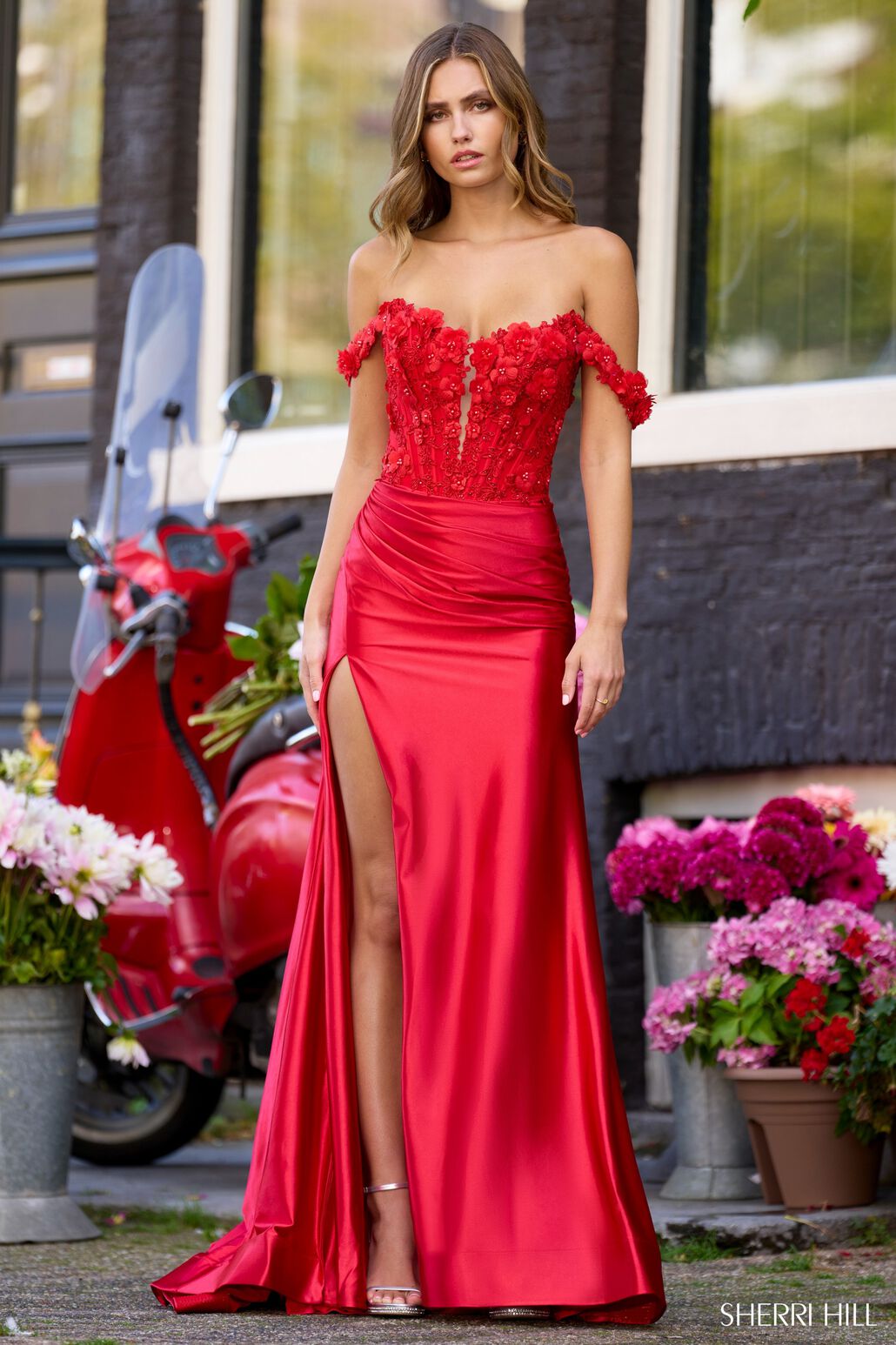 Sherri Hill 56176 prom dress images.  Sherri Hill 56176 is available in these colors: Ivory, Black, Red, Yellow, Emerald.