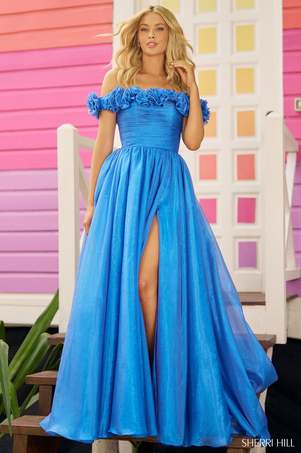Sherri Hill 56194 prom dress images.  Sherri Hill 56194 is available in these colors: Rose, Light Blue, Black, Magenta, Peacock, Red, Purple, Bright Pin K.