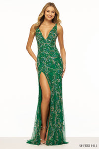 Sherri Hill 56281 prom dress images.  Sherri Hill 56281 is available in these colors: Emerald Multi, Red.
