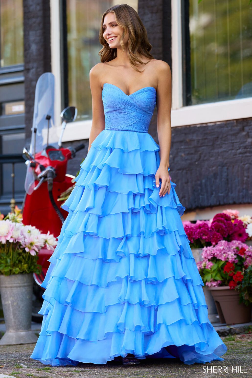Sherri Hill 56346 prom dress images.  Sherri Hill 56346 is available in these colors: Peacock, Red, Black, Ivory, Light Blue, Bright Fuchsia, Yellow.