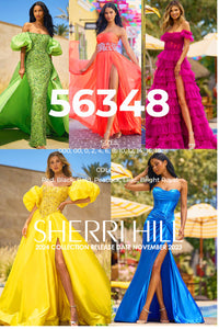 Sherri Hill 56348 prom dress images.  Sherri Hill 56348 is available in these colors: Red, Black, Gold, Peacock, Lilac, Bright Royal.