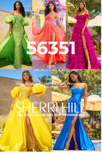 Sherri Hill 56351 prom dress images.  Sherri Hill 56351 is available in these colors: Silver, Blush, Red, Lilac, Chartreuse, Peacock, Yellow, Royal.