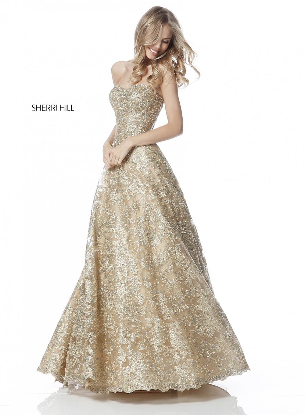 Sherri Hill 51572 dress images in these colors: Gold, Silver, Light Blue, Black, Ivory.