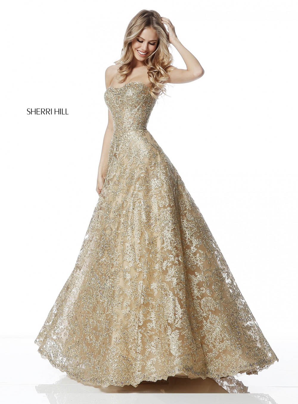 Sherri Hill 51572 dress images in these colors: Gold, Silver, Light Blue, Black, Ivory.