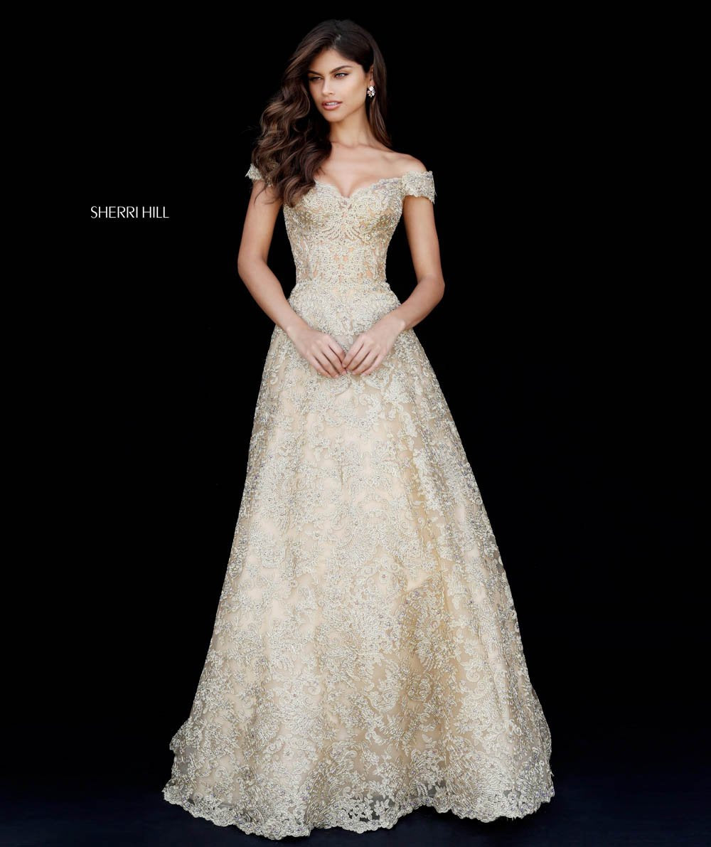 Sherri Hill 51573 dress images in these colors: Gold, Light Blue, Silver, Black, Ivory.