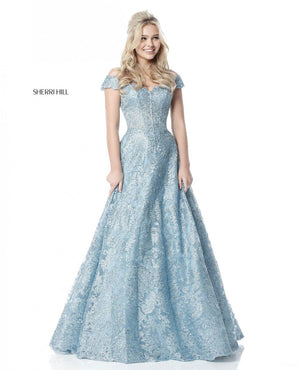 Sherri Hill 51573 dress images in these colors: Gold, Light Blue, Silver, Black, Ivory.